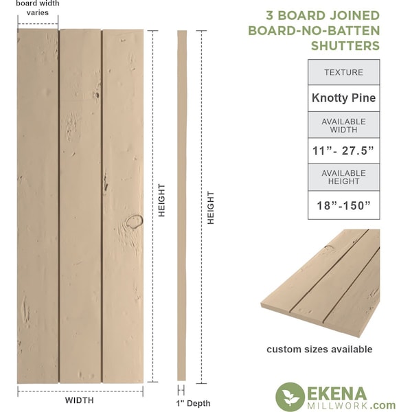Rustic Three Board Joined Board-n-Batten Knotty Pine Faux Wood Shutters W/No Batten, 16 1/2W X 54H